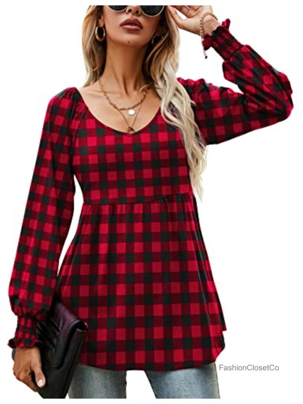 Womens Casual Puff Sleeve Tunic Top V Neck Flowy Peplum Blouse, Stretchy Knit